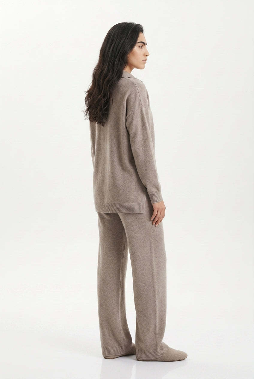 Kassian Polo Collar Wide Leg Trouser Set - Beige