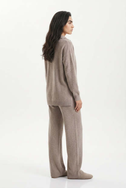 Kassian Polo Collar Wide Leg Trouser Set - Beige