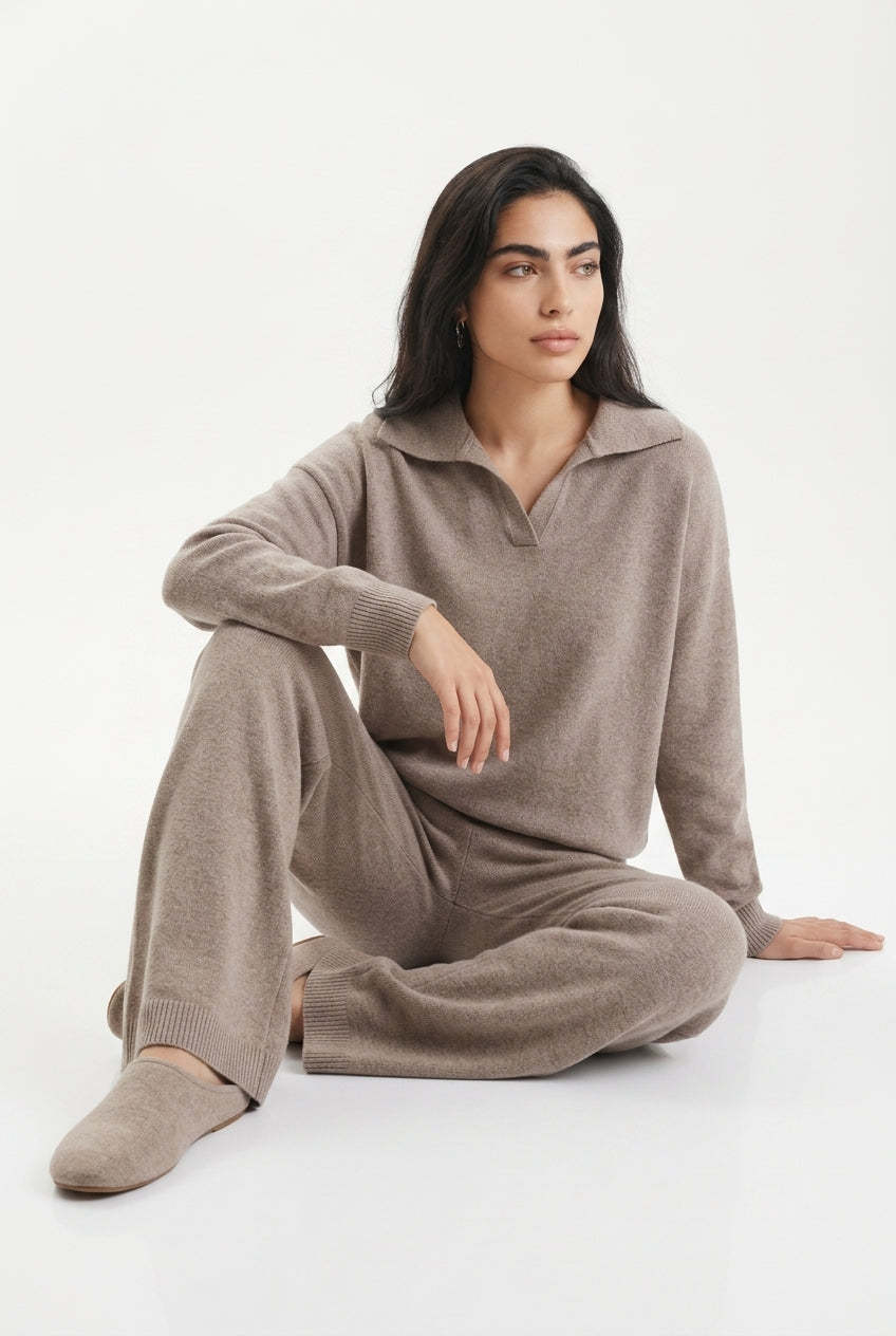Kassian Polo Collar Wide Leg Trouser Set - Beige