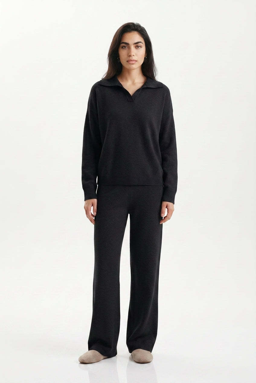 Kassian Polo Collar Wide Leg Trouser Set - Black
