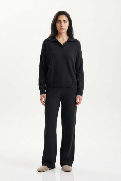 Kassian Polo Collar Wide Leg Trouser Set - Black