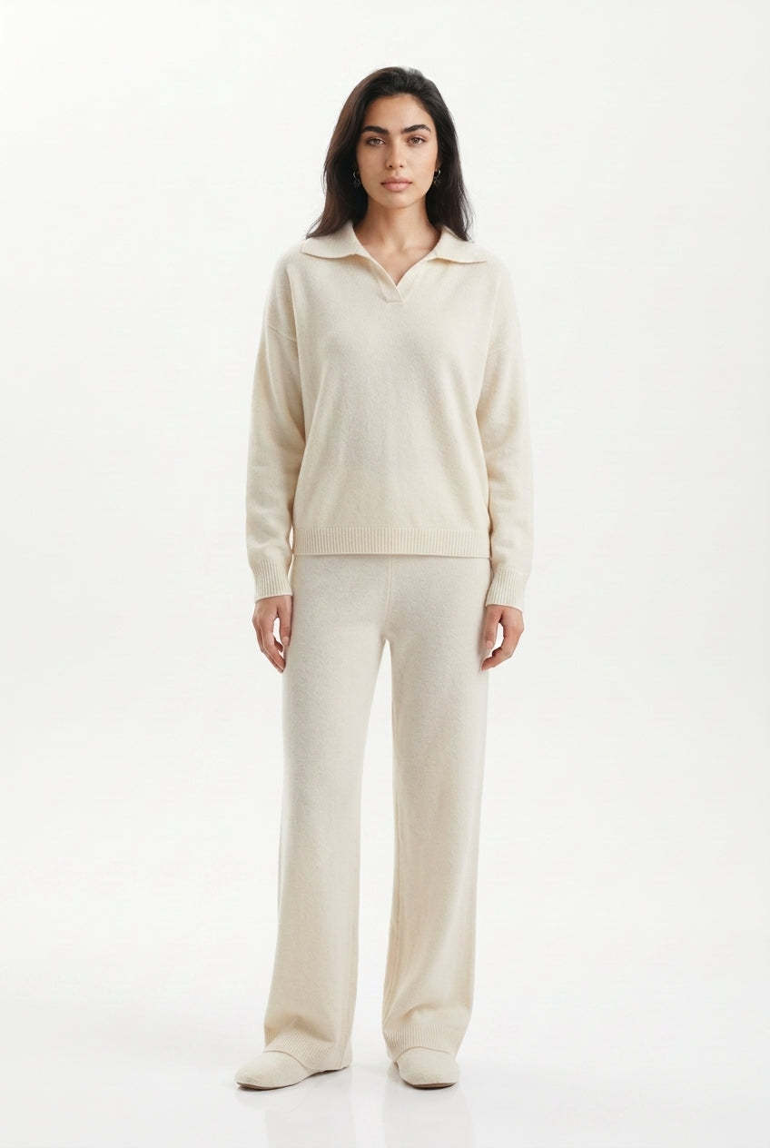Kassian Polo Collar Wide Leg Trouser Set - Cream
