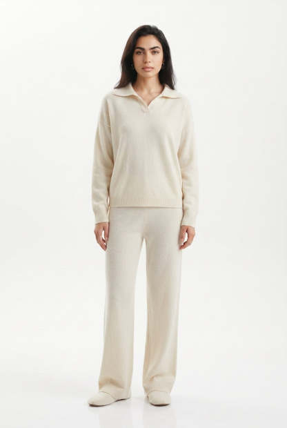 Kassian Polo Collar Wide Leg Trouser Set - Cream