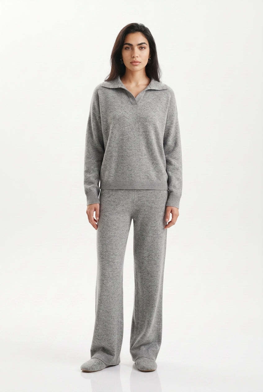 Kassian Polo Collar Wide Leg Trouser Set - Gray