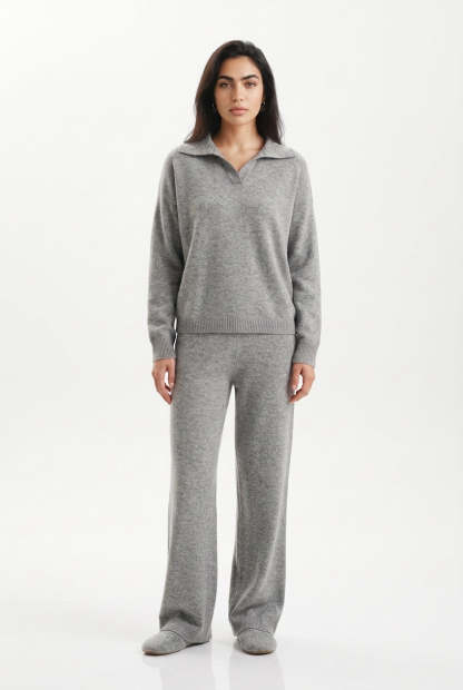Kassian Polo Collar Wide Leg Trouser Set - Gray
