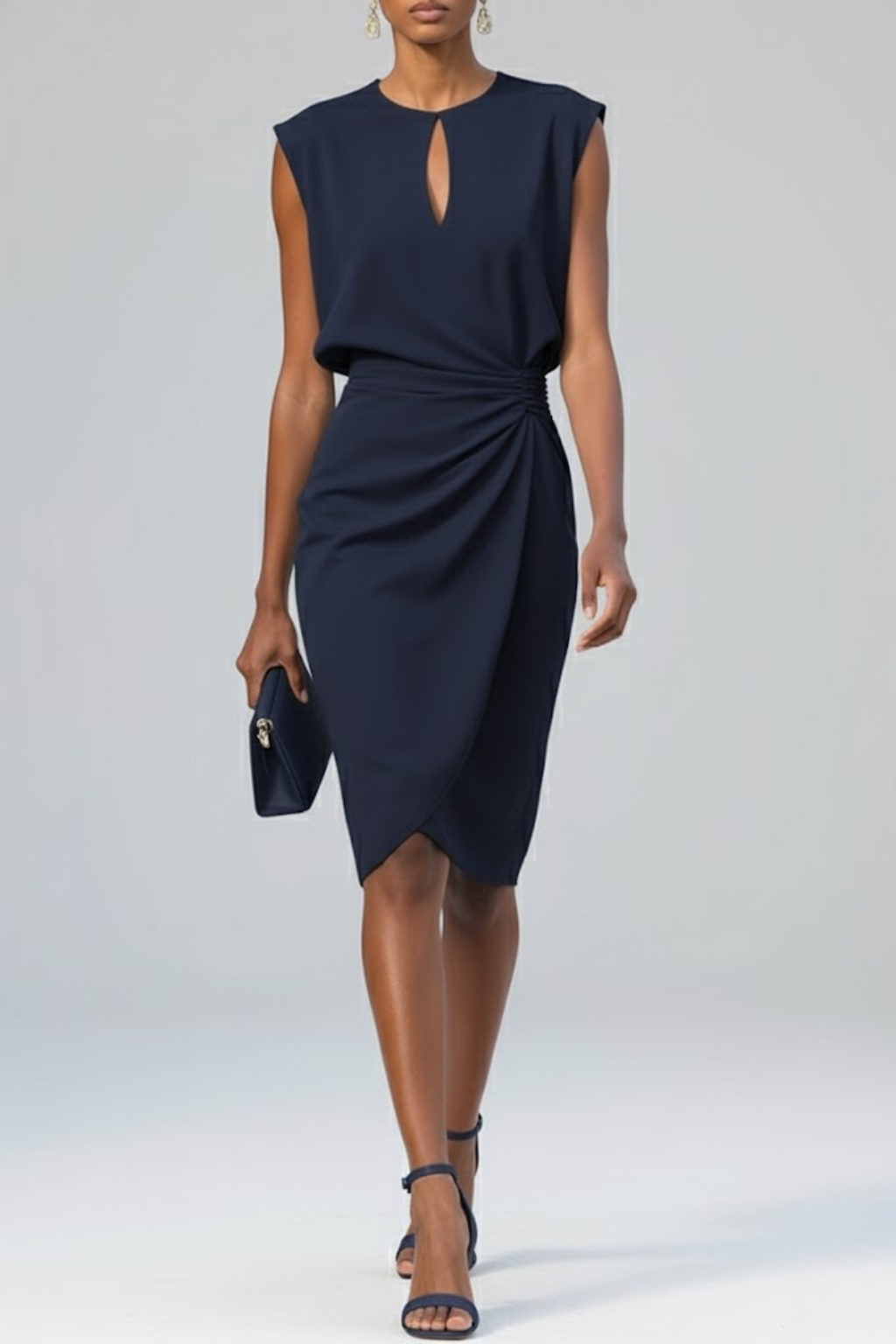 Navy sleeveless midi dress with keyhole front and side ruching at waist