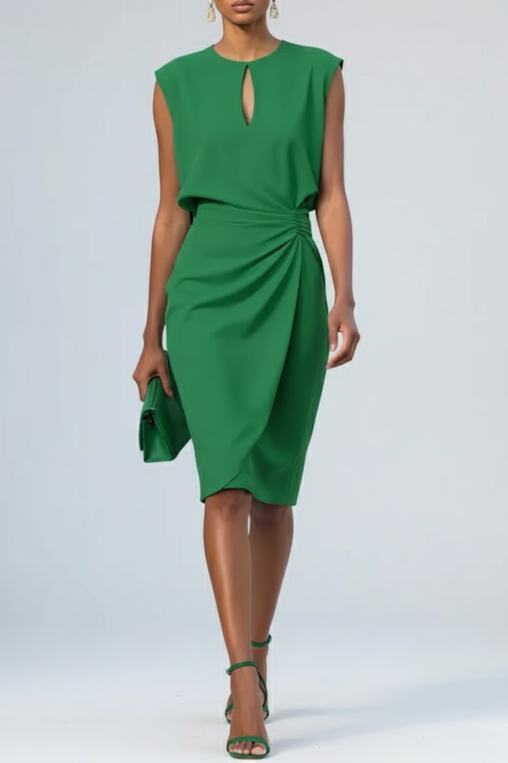 Emerald green sleeveless midi dress with keyhole neckline and side ruched detail