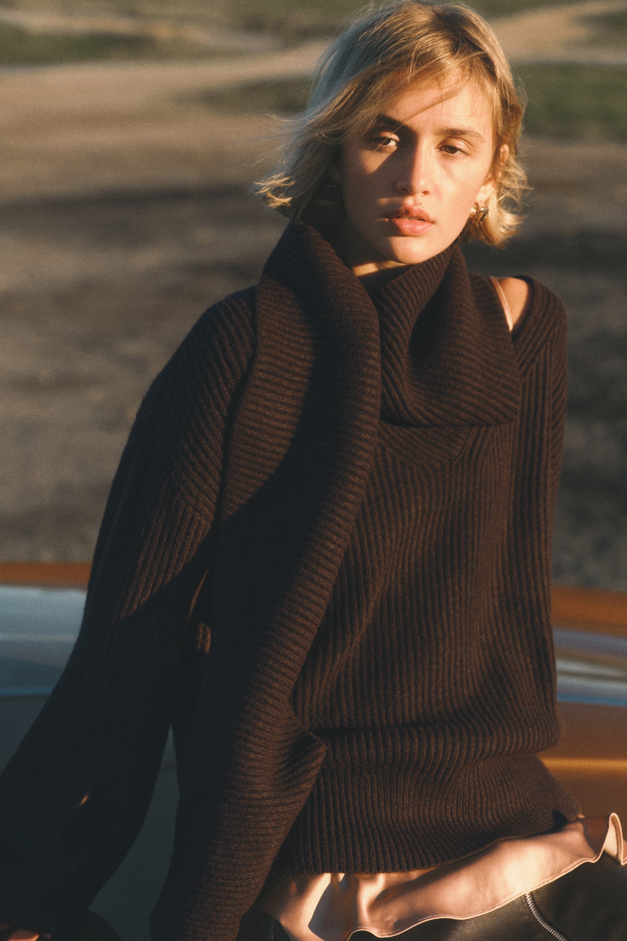 Katia Cowl Neck Ribbed Sweater - Chocolate Brown