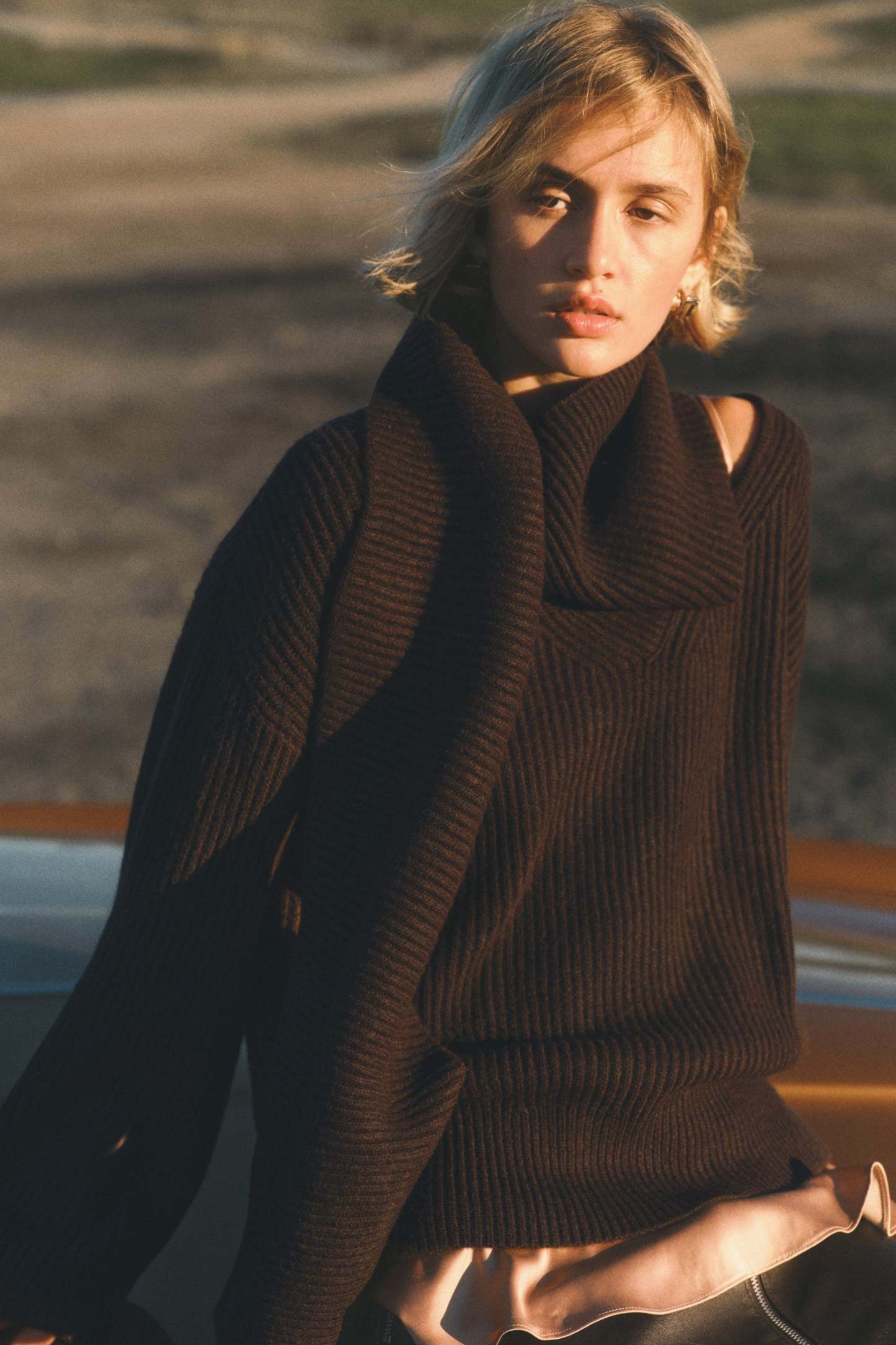 Katia Cowl Neck Ribbed Sweater - Chocolate Brown