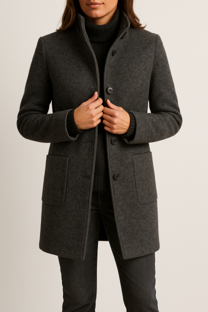 Kaylani Stand Collar Wool Blend Coat - Black