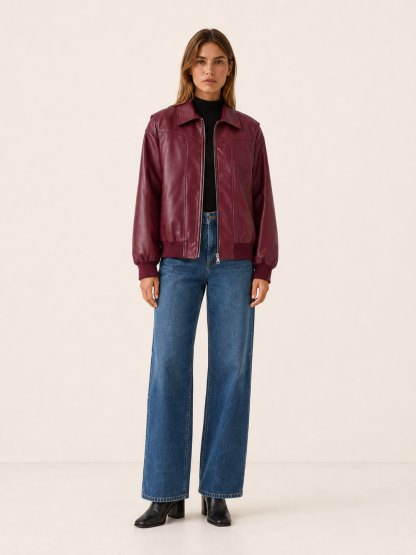 Kellyn Oversized Leather-Look Bomber Jacket - Burgundy