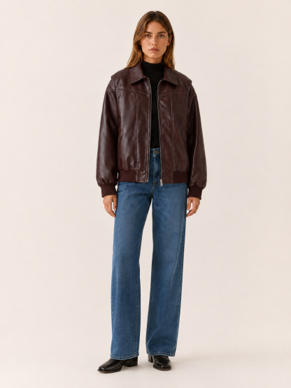 Kellyn Oversized Leather-Look Bomber Jacket - Dark Burgundy