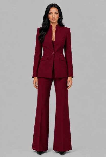 Kenzie Tailored Blazer Flared Trouser Set - Burgundy