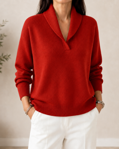 Keyla Shawl Collar V-Neck Sweater - Red
