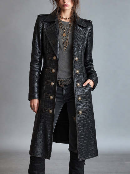 Kiona Croc-Embossed Longline Leather-Look Coat - Black