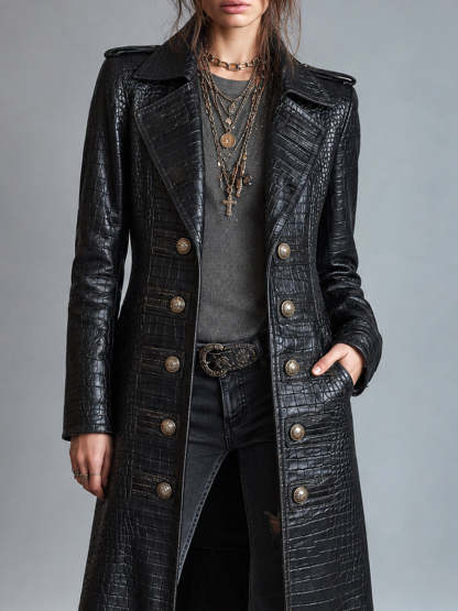 Kiona Croc-Embossed Longline Leather-Look Coat - Black