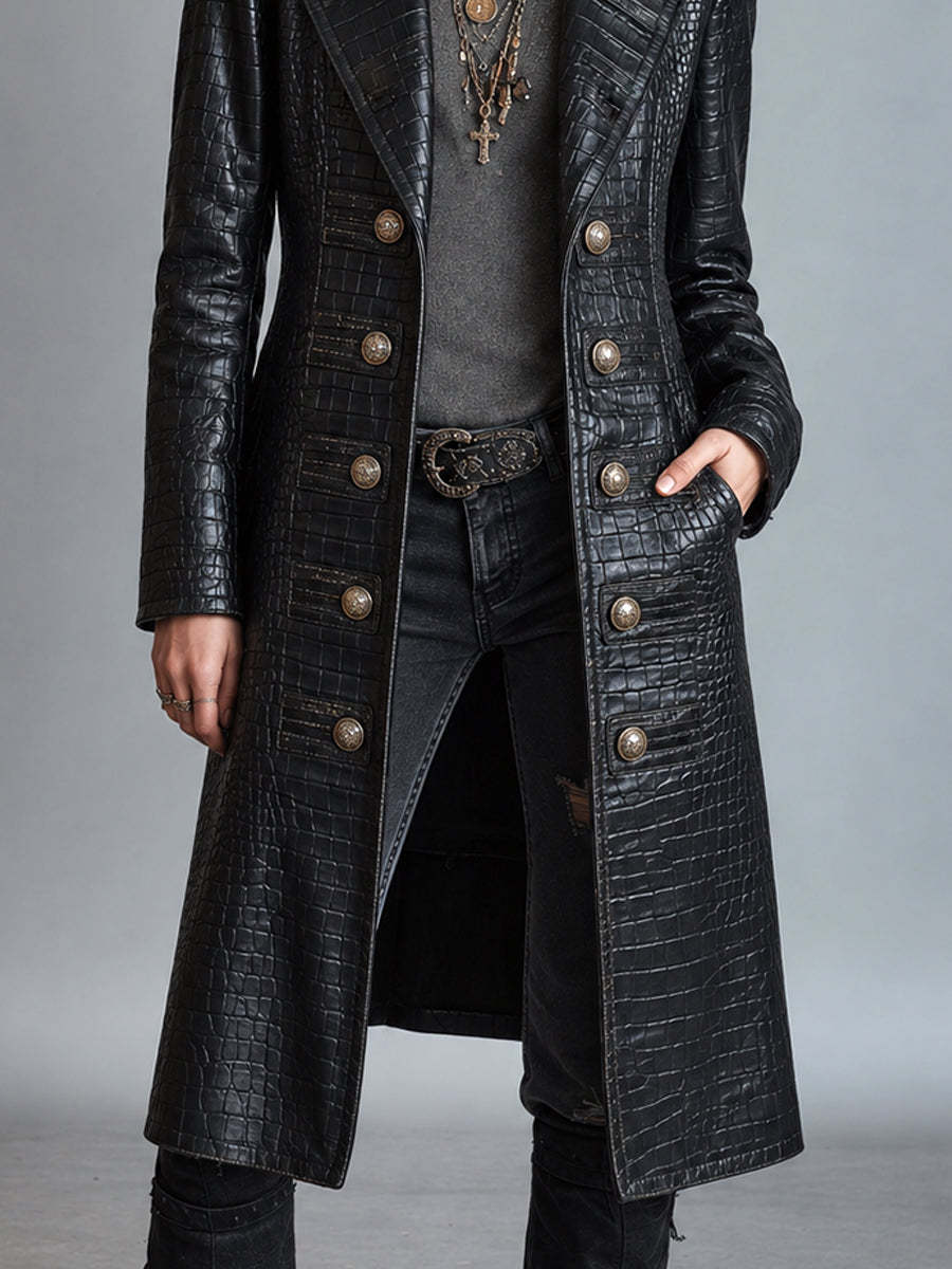 Kiona Croc-Embossed Longline Leather-Look Coat - Black