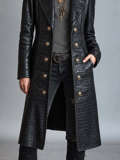 Kiona Croc-Embossed Longline Leather-Look Coat - Black