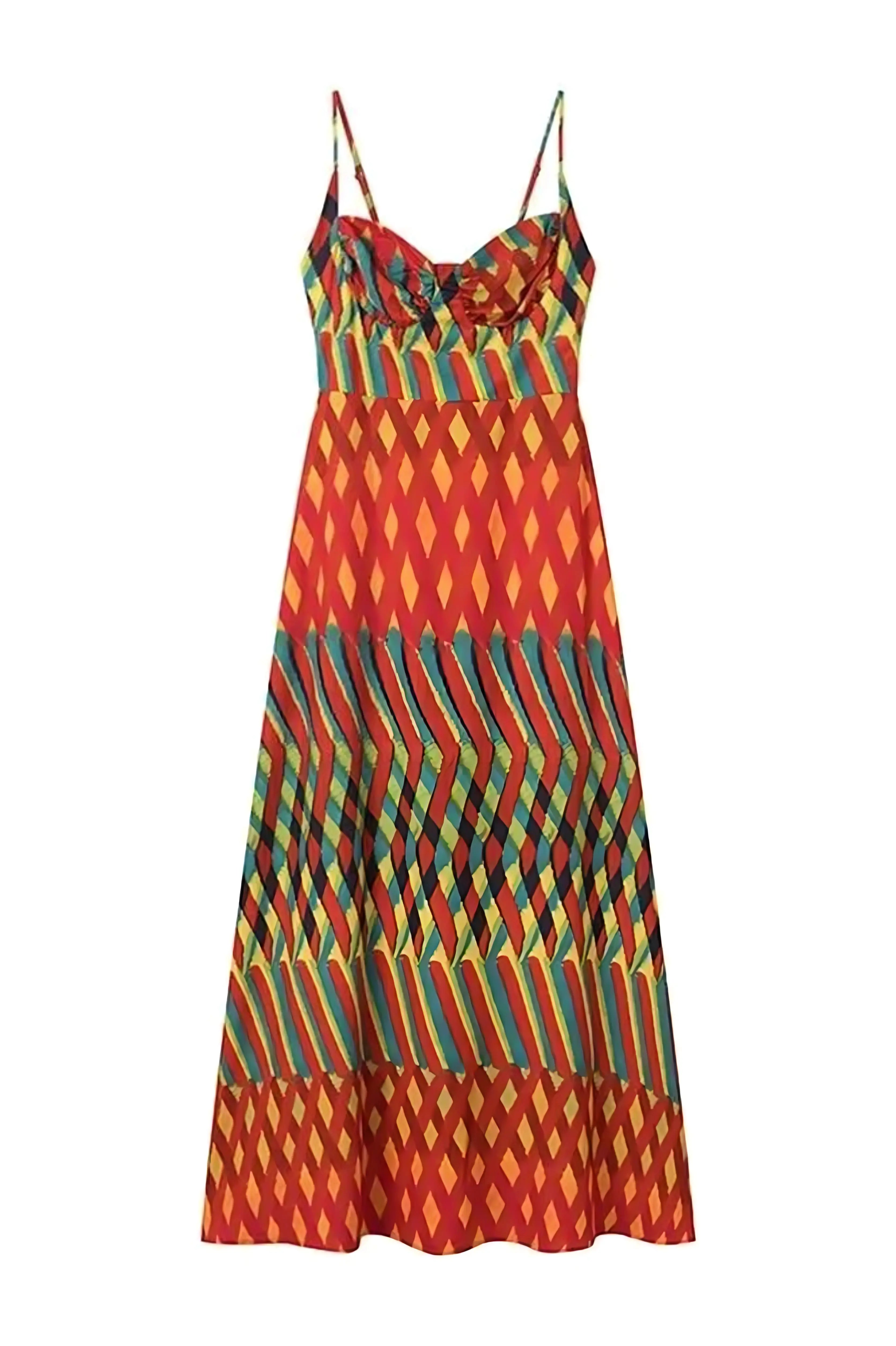 Pleated maxi dress front view with red base and multicolor geometric diamond stripe pattern