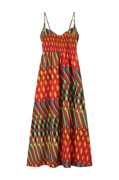 Pleated maxi dress back view showing smocked bodice and tiered geometric colorblock design