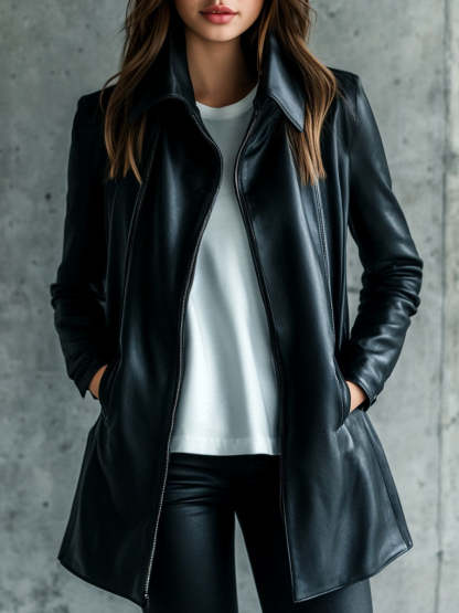 Korinne Leather Collared Zip-Up Jacket - Black