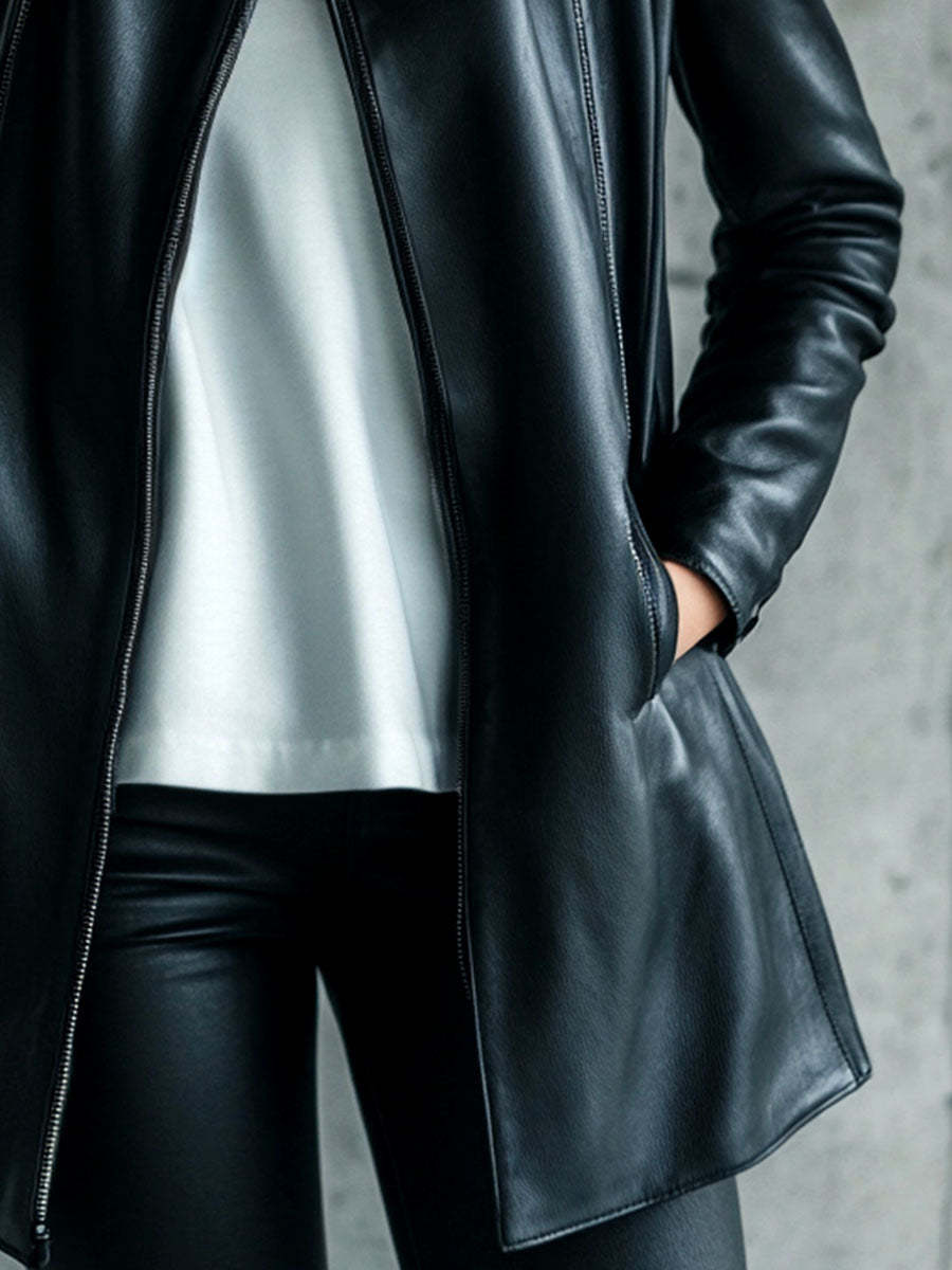 Korinne Leather Collared Zip-Up Jacket - Black