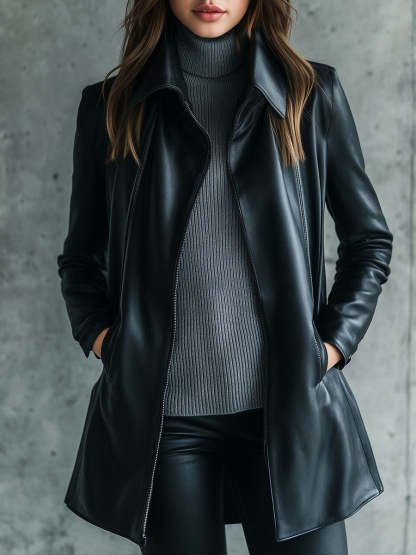 Korinne Leather Collared Zip-Up Jacket - Black