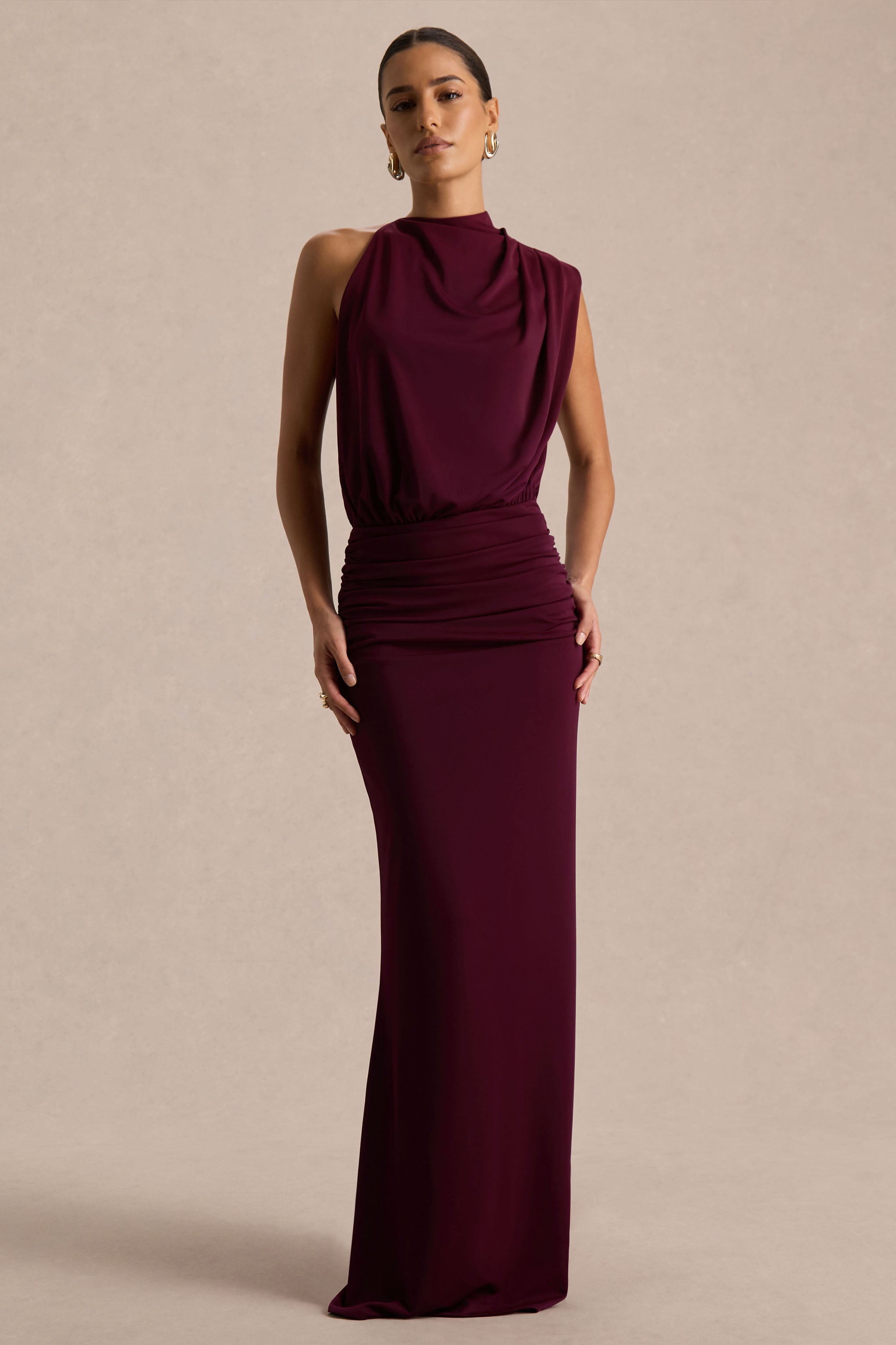 Lenora Draped High Neck Maxi Dress - Burgundy