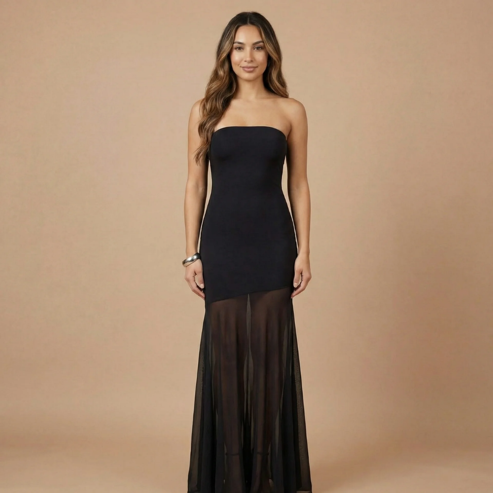 Black strapless maxi dress with mesh lower skirt and train