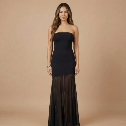 Black strapless maxi dress with mesh lower skirt and train
