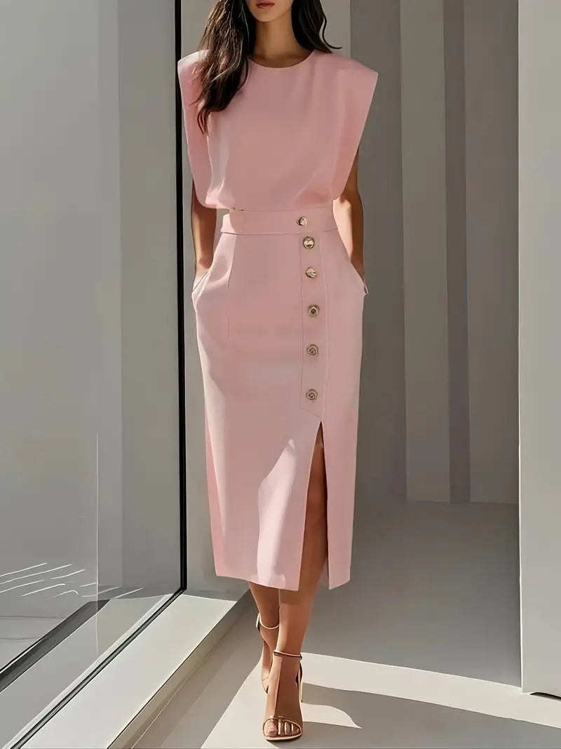 Blush pink sleeveless button midi dress with fitted waist and front slit