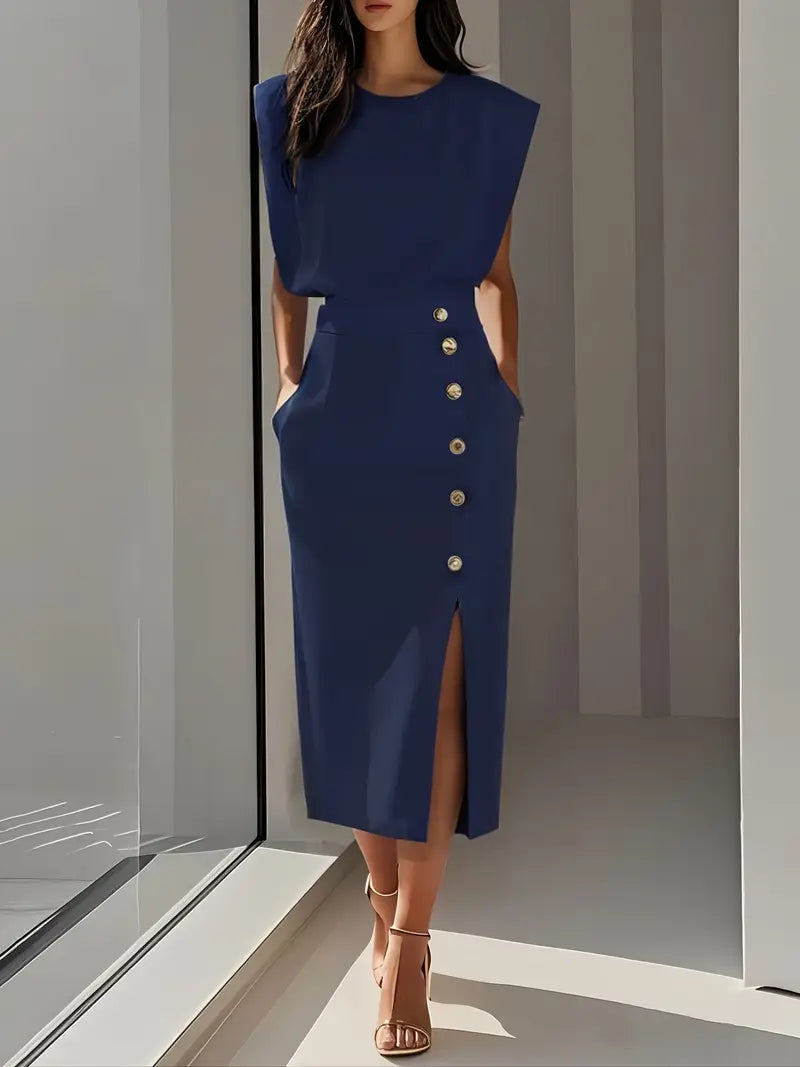 Navy blue sleeveless button midi dress with metallic hardware and front slit