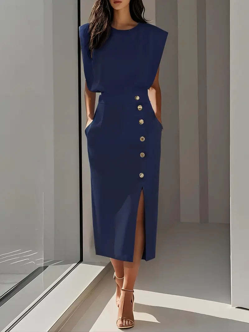 Navy blue sleeveless button midi dress with metallic hardware and front slit