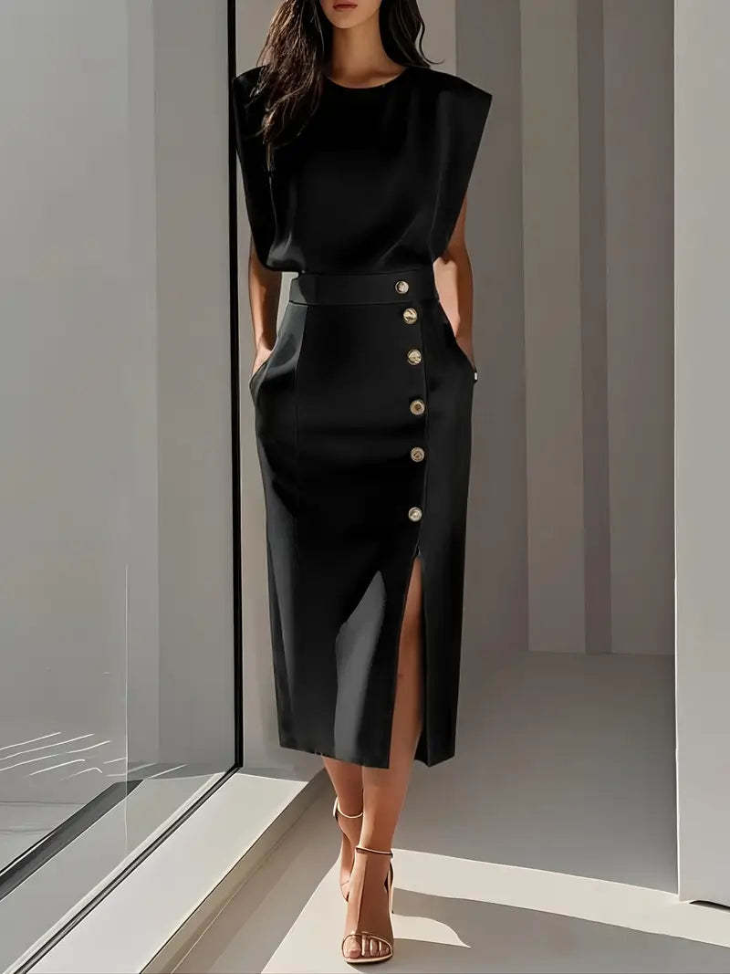 Black sleeveless button midi dress with gold button details and front slit