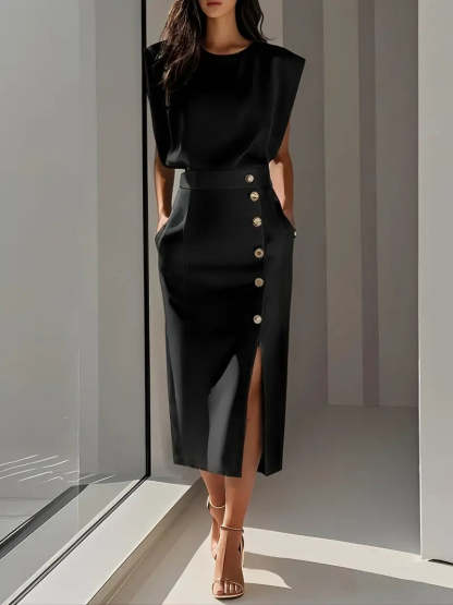 Black sleeveless button midi dress with gold button details and front slit