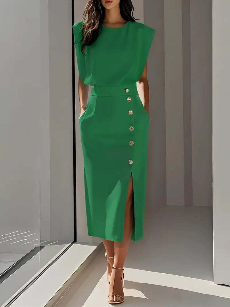 Emerald green sleeveless button midi dress with metallic buttons and slit