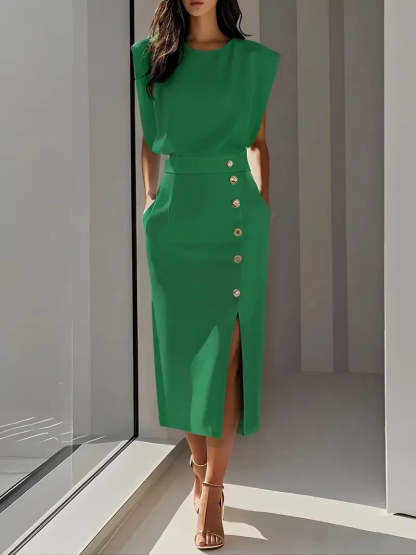 Emerald green sleeveless button midi dress with metallic buttons and slit