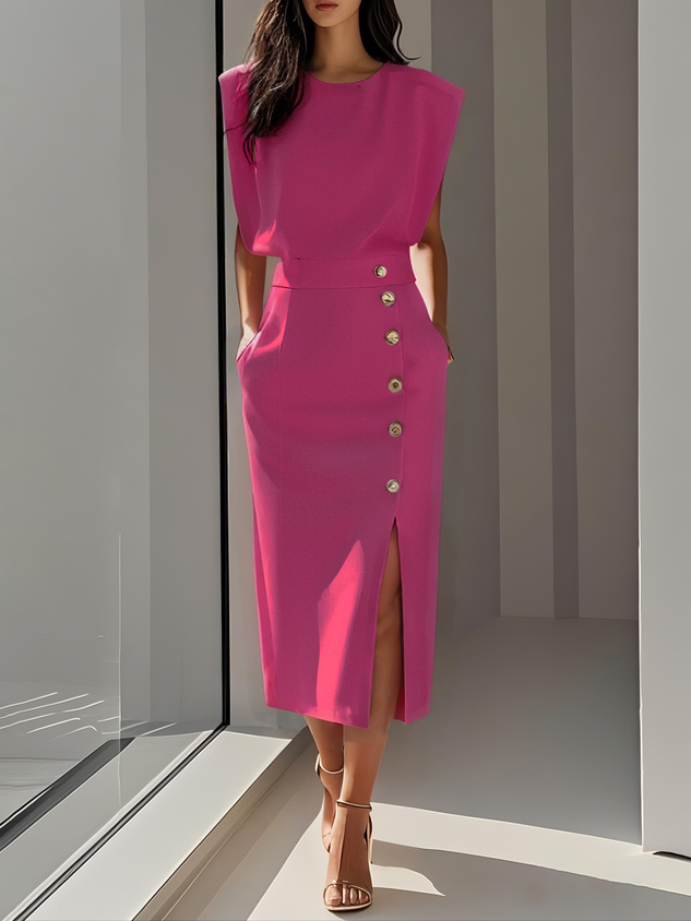 Magenta sleeveless button midi dress with gold hardware and front slit
