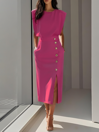 Magenta sleeveless button midi dress with gold hardware and front slit