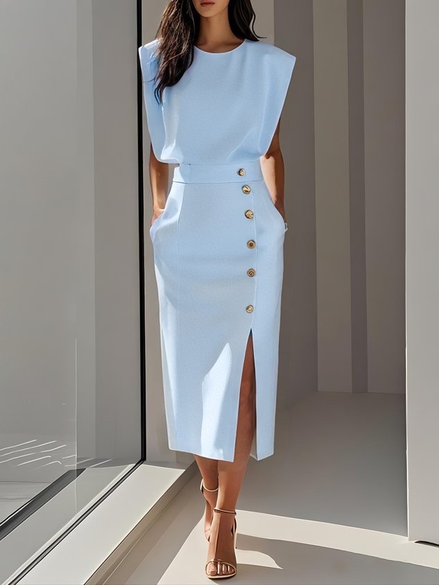 Light blue sleeveless button midi dress with metallic buttons and slit