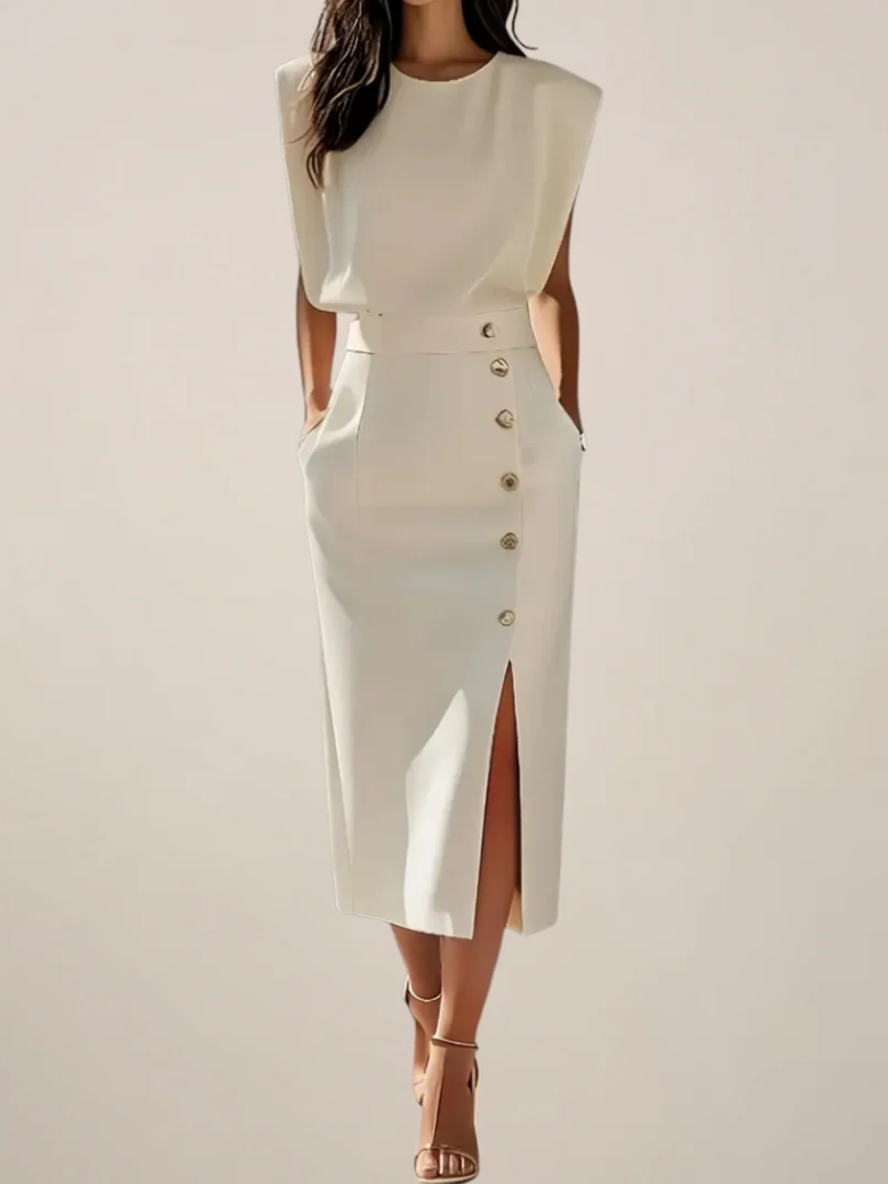 Cream sleeveless button midi dress with front slit and metallic button details