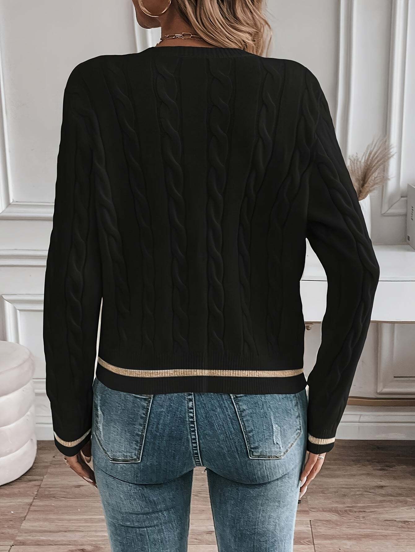 Lorelle Contrast Trim Cable Knit Cardigan - Black