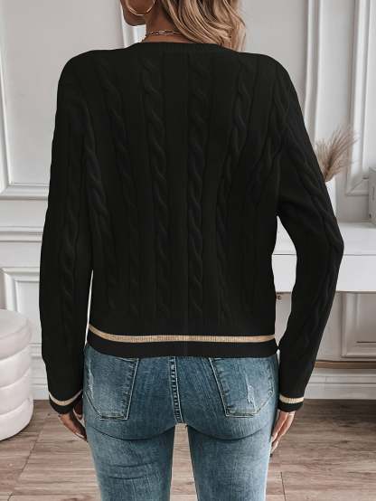 Lorelle Contrast Trim Cable Knit Cardigan - Black