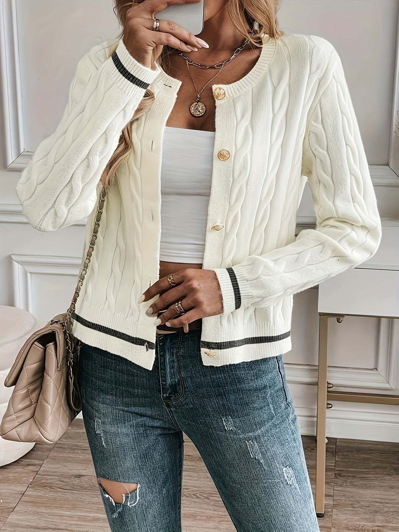 Lorelle Contrast Trim Cable Knit Cardigan - Ivory