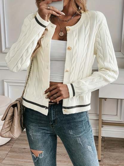 Lorelle Contrast Trim Cable Knit Cardigan - Ivory
