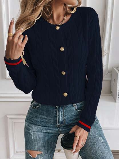 Lorelle Contrast Trim Cable Knit Cardigan - Navy
