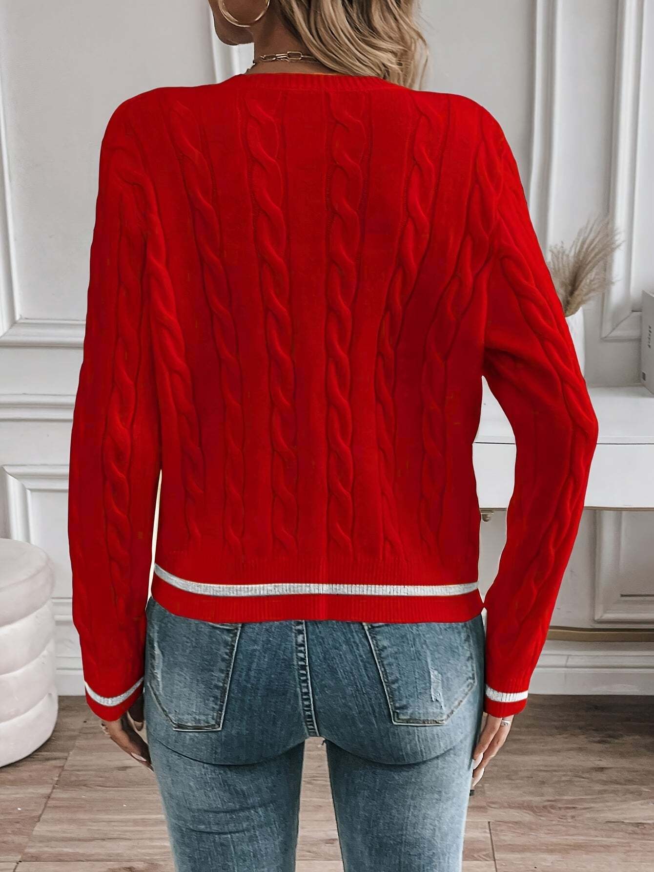 Lorelle Contrast Trim Cable Knit Cardigan - Red