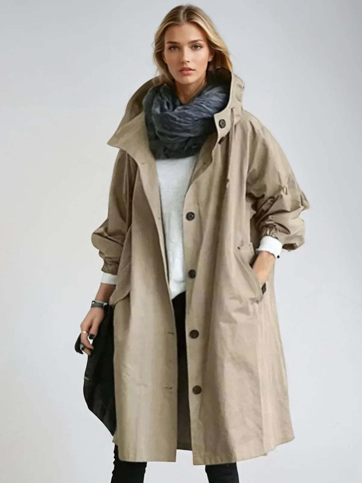 Luana Oversized Hooded Longline Raincoat - Beige