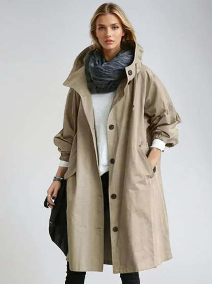 Luana Oversized Hooded Longline Raincoat - Beige