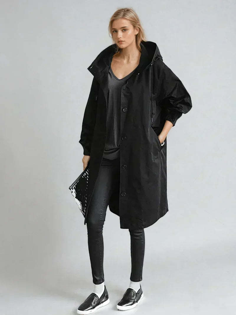 Luana Oversized Hooded Longline Raincoat - Black